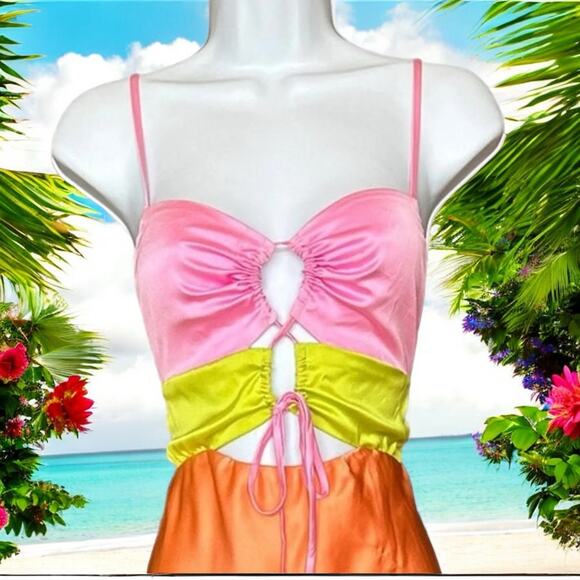 Show Me Your Mumu Calloway Cut Out Dress Cantaloupe SMALL Satin Slit $198 NEW - Picture 3 of 6